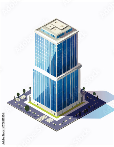 Detailed isometric illustration of a modern high-rise corporate office building with a glass facade, situated on a city block with streets and trees