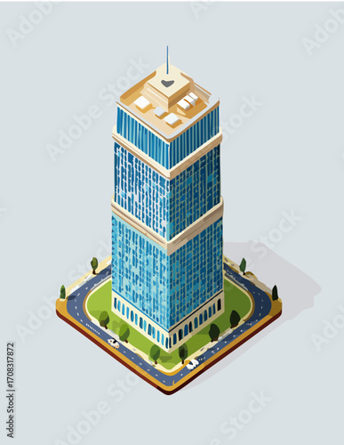 Detailed isometric vector illustration of a modern corporate skyscraper with a glass facade, representing urban architecture and business real estate concepts