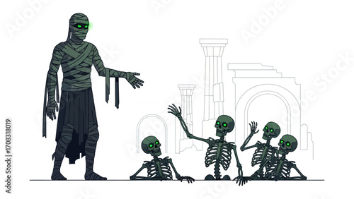 Mummy and Skeletons: A dark illustration showing a mummy gesturing to a group of skeletons, with outlines of ancient architecture in the background, an eerie and surreal scene.