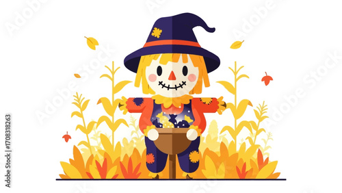 Autumnal Protector: A charming scarecrow, adorned with a witch hat, stands vigil in a vibrant cornfield, symbolizing the season's harvest and festivities.
