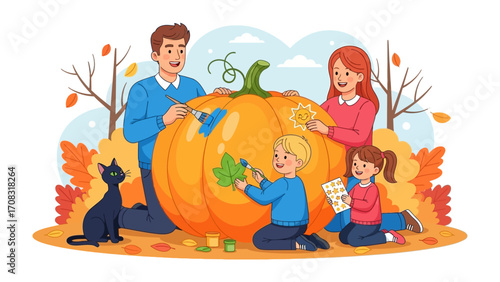 Family Pumpkin Decoration: A vibrant illustration captures a family of four and a cat engaging in a heartwarming pumpkin decoration activity, set against a backdrop of autumn leaves.