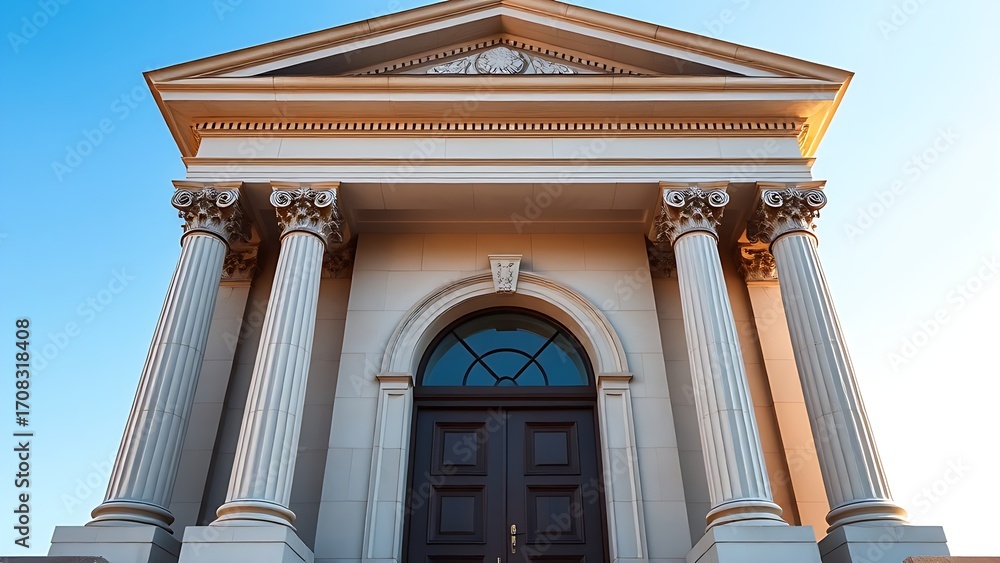 Obraz premium Classical architectural doorway with elegant columns under a clear blue sky, embodying timeless sophistication.