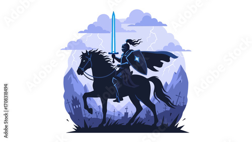 Guardian of the Realm: A majestic knight, clad in shining armor, rides a powerful steed, brandishing a glowing sword under dramatic, stormy skies, embodying valor and chivalry.