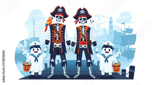 Halloween Pirate Fantasy: Two skeletal pirates in intricate costumes with a playful pair of friendly ghost sailors. The vibrant art style perfectly captures the enchanting spirit of Halloween.