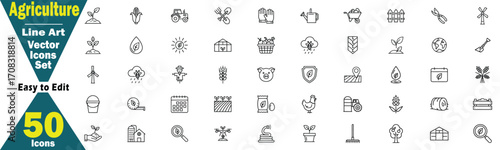 Agriculture Line Art Vector Icons Set. With 50 Icons farming farm in tractor, barn, scarecrow, watering can, plant, seedling, wheat, corn, shovel, wheelbarrow, fence, rain, sun, hat illustration. 