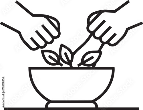 Mortar and Pestle Crushing Herbs Line Art Icon – Culinary and Herbal Logo Design