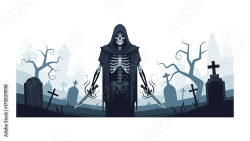 Grim Reaper in a Dark Graveyard: A menacing Grim Reaper, clad in a dark robe and holding twin daggers, stands amid a desolate graveyard, invoking a sense of dread and the inevitable passage of time.