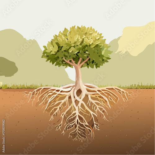 Green Tree with Exposed Root System Against Mountain Background