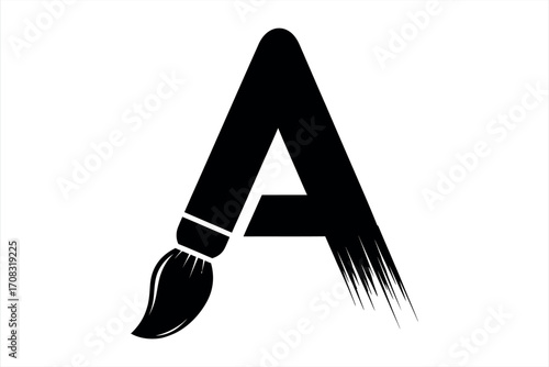 Black paintbrush stroke forming letter A on white background alphabet artistic