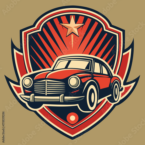 Retro automobile emblem design with classic typography and bold colors