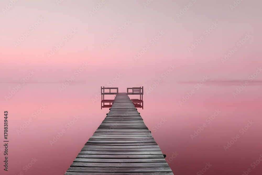 Obraz premium Wooden pier with benches on pink water calm water serene