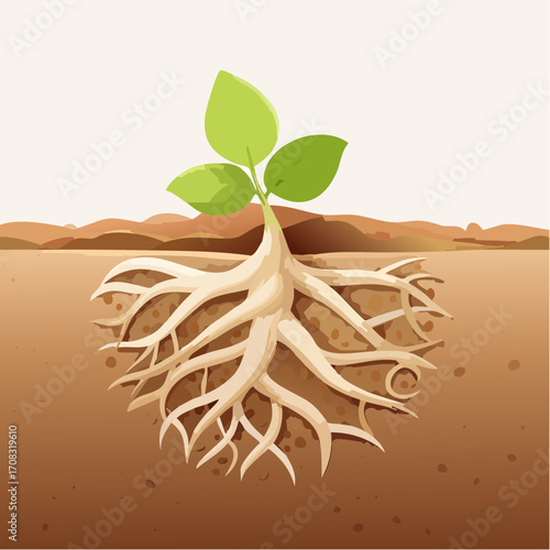 Sprout with Roots in Brown Soil