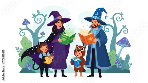 Enchanted Reading: A captivating illustration depicts a family dressed as wizards, immersed in spellbinding books within a magical forest setting.