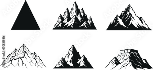 Mountain silhouette vector set, rugged peaks, rocky cliffs, nature landscape graphic icons, black and white mountain illustrations, outdoor adventure design elements