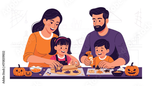 Family Halloween Baking: A close-knit family joyfully engages in Halloween baking, crafting festive treats, surrounded by pumpkins.