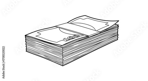 Stack of Hundred Dollar Bills in Monochrome Line Art Style