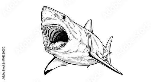 Great white shark illustration with open mouth and sharp teeth.