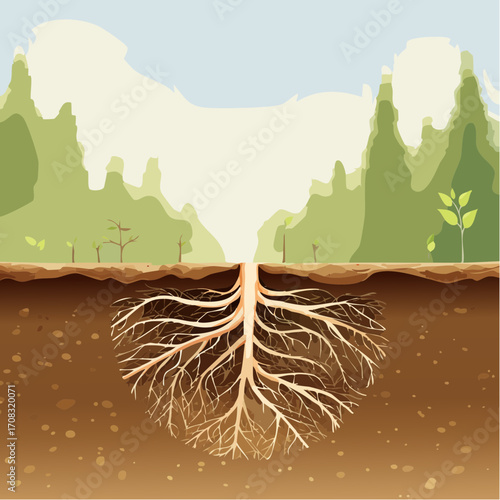 Tree Roots in Brown Soil Against Green Forest Background