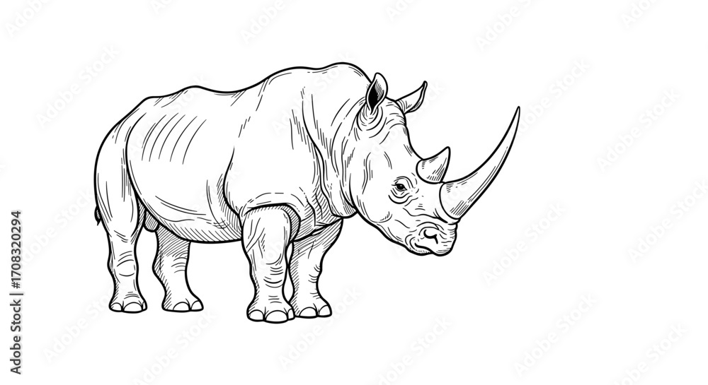 Fototapeta premium Majestic rhinoceros illustration in black and white, wildlife art