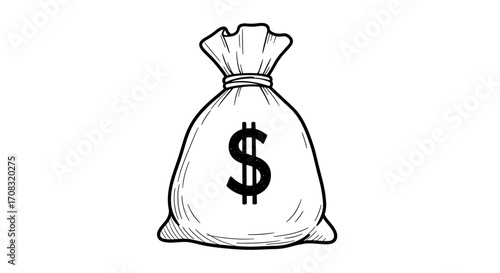 Hand-drawn Money Bag with Dollar Symbol on White Background