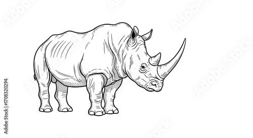 Majestic rhinoceros illustration in black and white, wildlife art