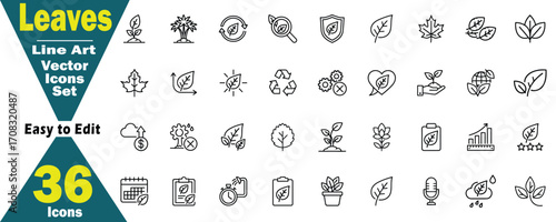 Leaves and Nature Line Art Vector Icons set. Collection of 36 various items of ecology, environment, growth, recycle, renewable, energy, sun, cloud, rain, water art concept. 