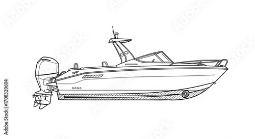 Sleek Motorboat Outline: A Black and White Nautical Vessel
