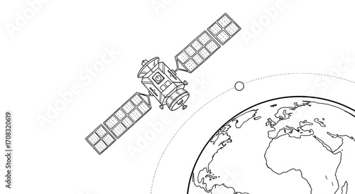 Satellite Orbiting Earth in Black and White Line Art Illustration