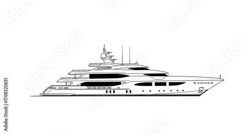 Sleek Super Yacht Line Art on White Background Illustration