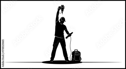 Skilled construction worker drilling overhead with power tool and gear, ready for action