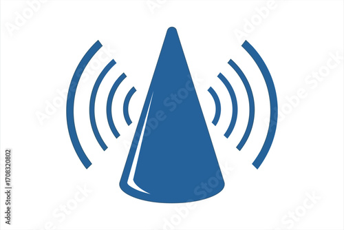 Blue cone emitting sound waves on white background signal