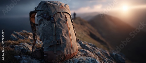 A lone backpack sits atop a rugged mountain peak, offering a sense of adventure and travel