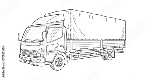 Cartoon Truck Outline with Covered Bed on a White Background