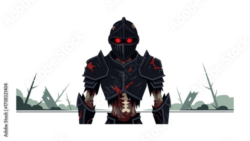 Armored Warrior's Grim Stance: A formidable warrior stands resolute, clad in dark, imposing armor, his glowing red eyes piercing the scene, evoking a sense of medieval conflict.
