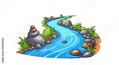 Cartoon River Scene with Rocks, Vegetation, and Stacked Stones