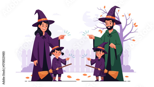 Enchanting Halloween Family: A vibrant illustration captures a family of witches, each clad in enchanting attire, ready to cast spells and spread seasonal cheer.