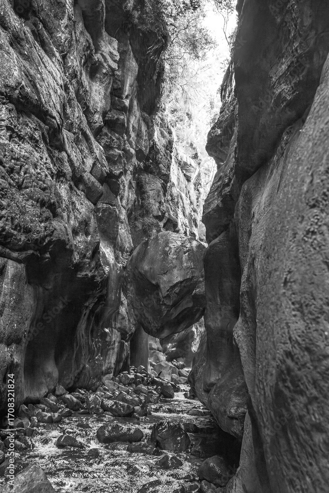 Obraz premium First chockstone on the Rainbow Gorge hiking trail. Monochrome
