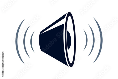 Dark blue megaphone with radiating sound waves on white background speaker audio