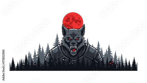 Fearsome creature under the Red Moon: A detailed illustration showcases a fierce and formidable werewolf, set against a backdrop of silhouetted trees and a foreboding red moon.
