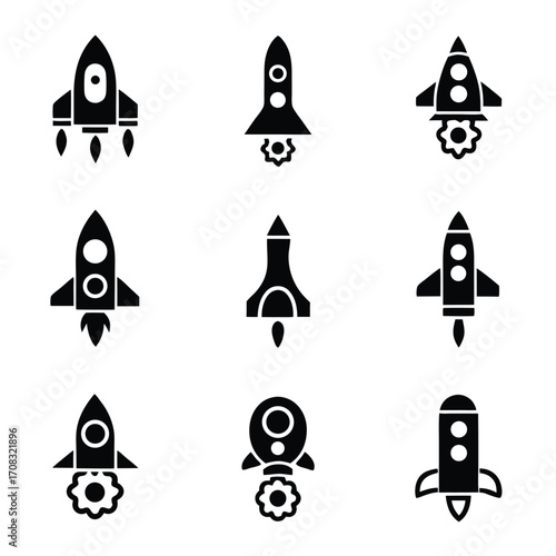 Black simplistic glyphs showcase the nine rocket designs taking flight together on a white background