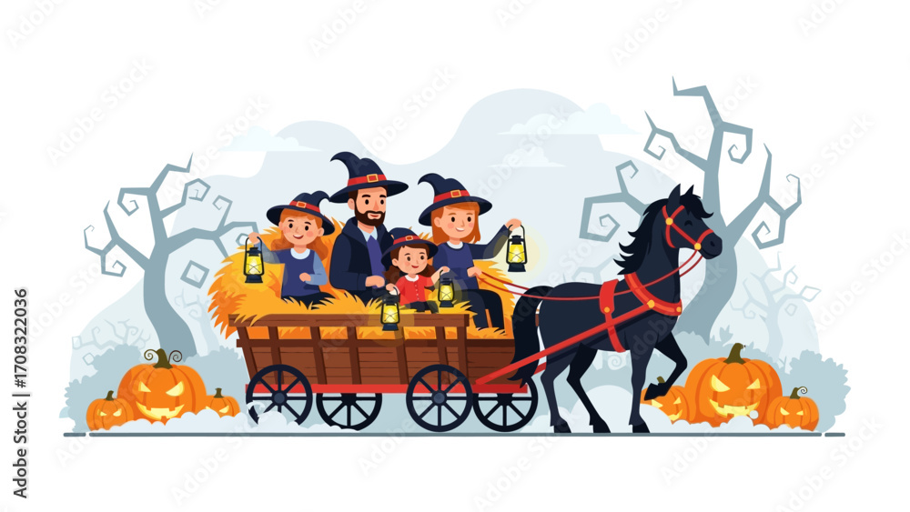 Fototapeta premium Halloween family in carriage: A family dressed in Halloween costumes rides in a horse-drawn carriage with spooky pumpkins under a tree with illustration style.