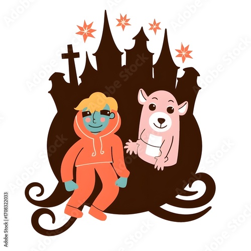 Stylized blueskinned boy in orange hoodie with pink bearlike creature and dark castle silhouette.