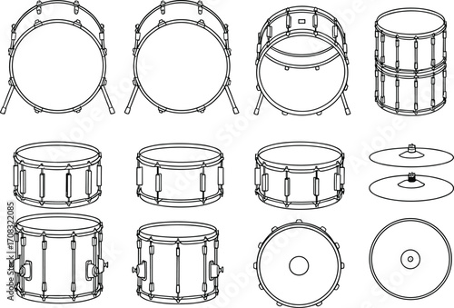 Vector drum set illustrations, black outline musical instrument icons, percussion equipment collection, snare bass tom cymbal graphics, music band design elements