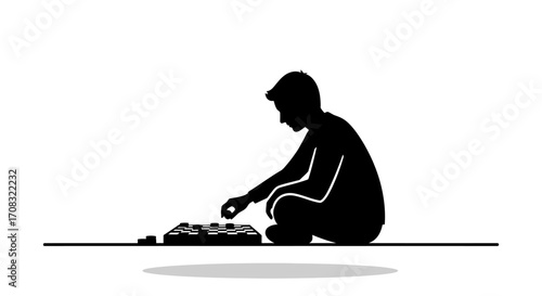 Focused young man playing checkers alone, contemplating strategy in quiet concentration