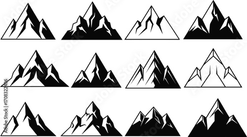 Collection of mountain peak silhouettes, black and white vector icons, outdoor adventure design elements, nature landscape symbols for hiking and climbing illustrations