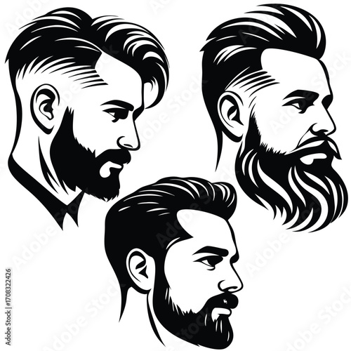 Black and white profile portraits show diverse stylish hair and full beard styles