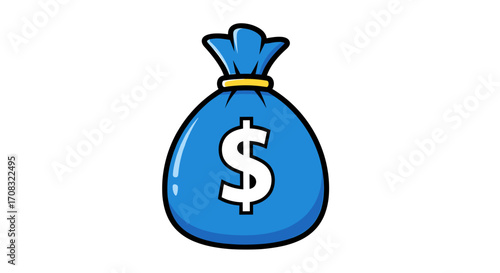 Cartoon Blue Money Bag with Dollar Sign on White
