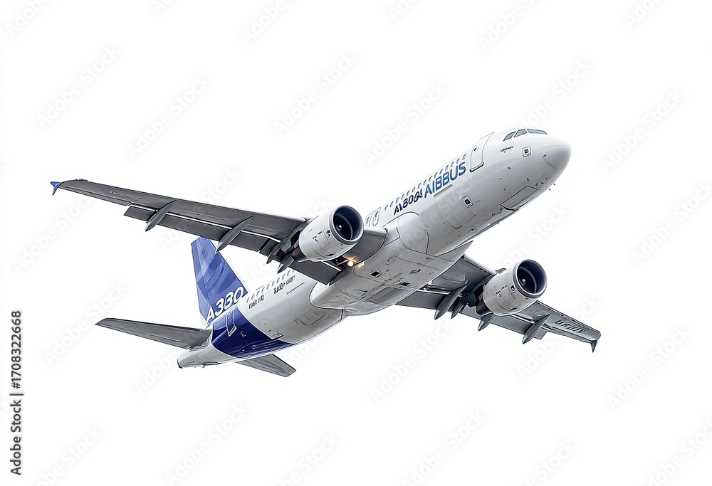 Fototapeta premium Modern passenger jet in flight against a white background. 