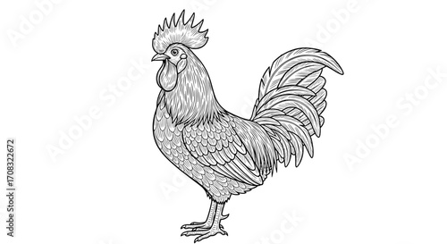 Detailed Line Art Illustration of a Rooster with Elaborate Plumage