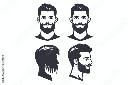 Four silhouette portraits depict stylish bearded men with different views and distinct hairstyles